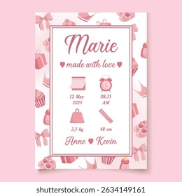 Modelo de cartão de anúncio de bebê rosa bonito com espaço para detalhes de nascimento de menina recém-nascida, incluindo nome, data, peso, altura e elementos decorativos