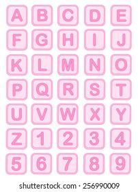 Cute Pink Baby Blocks English Alphabet And Numbers Collection Isolated On White Background. 