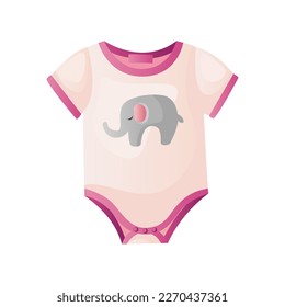 Cute pink baby bodysuit with elephant. Child romper, singlet clothes. Baby shower invitation. It's a girl. Hello baby celebration, holiday, event. Banner, flyer. Cartoon illustration