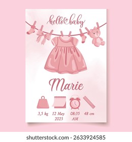 Roupas de bebê rosa bonito com detalhes de nascimento para cartão de anúncio de recém-nascido É um tema de menina com ilustrações planas e elementos decorativos