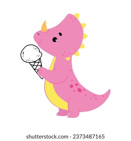 Cute Pink Baby Dino Character Eat Ice Cream Enjoy Summer Vector Illustration