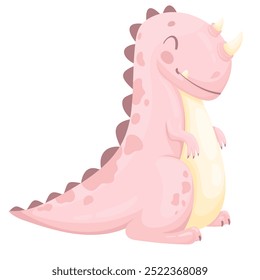 Cute pink baby dino with a horn on his nose isolated on a white background. The concept of dinosaur animals. Flat vector illustration on the theme of dinosaurs. cartoon animals.
