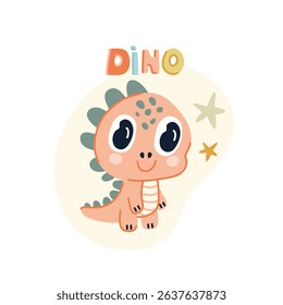 Cute pink baby dinosaur with lettering. Vector illustration in flat style.
