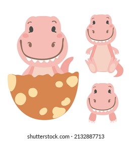 Cute pink baby dinosaur t-rex in egg on white background. Girl and boy baby shower invitation elements. Set of little dino head vector illustration.