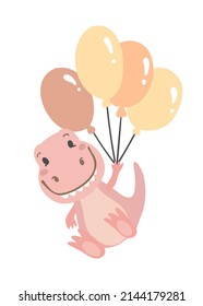 Cute pink baby dinosaur t-rex with balloons on white background. Girl and boy newborn elements. Set of little dino vector illustration.