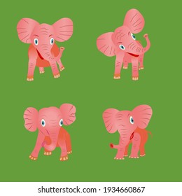 Cute pink baby elephant in four different positions. Vector illustration isolated on green background.
