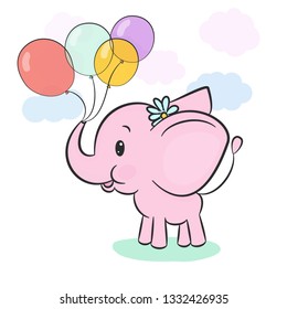 Cute pink baby elephant holding balloons in trunk on cartoon background with pastel clouds and lawn. Vector illustration.