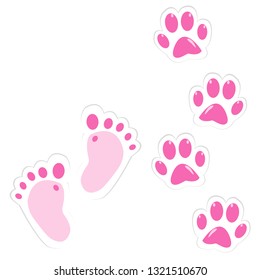 Cute pink baby footprint and pet paws