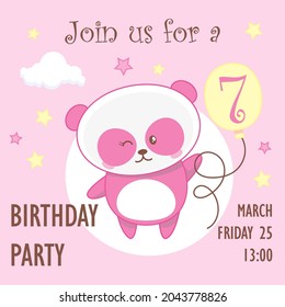 Cute pink baby girl panda, birthday invitation, seven years, 7 year