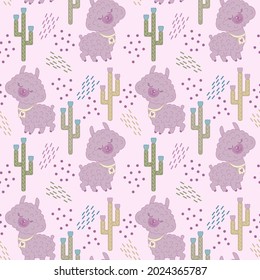 cute pink baby lamas and cacti vector seamless pattern on pink background