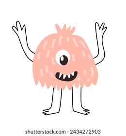 Cute pink baby monster character smiling vector illustration. Can used for greeting card, poster, baby cards. Doodle monsers in trendy style. 