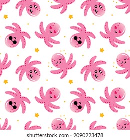 Cute pink baby octopus characters with different facial expressions and stars and dots vector seamless pattern background.