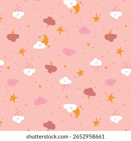 Estrelas de padrão de bebê rosa bonito e nuvem sonolenta pijama impressão projeto quarto de quarto de viveiro coleção boho

