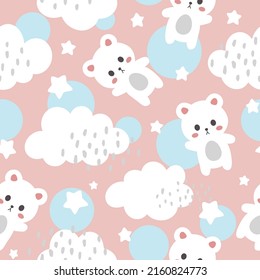 cute pink baby polar bear with clouds and stars in the sky, kids adorable animals pastel color seamless pattern digital print, woodland wallpapers