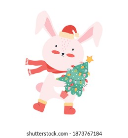 Cute pink baby rabbit with Santa hat and Christmas tree. Christmas funny cartoon animal isolated on a white background. Bunny having fun on winter holidays. Happy new year. Vector flat illustration