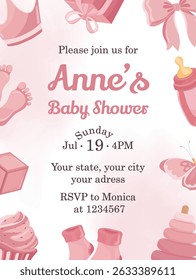 Cute pink baby shower card template with flat new born girl illustrations perfect for invitations or greetings