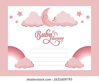 Cute pink baby shower greeting card template with sky, clouds, stars and moon elements in the background for newborn girl announcement or celebration