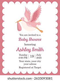 Cute pink baby shower invitation template with flat illustrations of stork delivering baby girl and sweet decorative elements for celebration and announcement