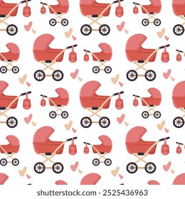 Cute pink baby stroller for girls. Seamless pattern with kids stroller for childrens clothing, fabric, textile, packaging, paper, wrapping