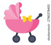 Cute pink baby stroller with a yellow bow, perfect for newborn girls