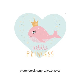 Cute pink baby whale in a crown. Little princess text. Kids poster cute character. Flat style in pink, blue, yellow colours.Kids vector cartoon illustration. Baby shower girl. Kids print art.