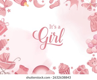 Cute pink background for baby girl announcement with flat illustrations of little baby elements, perfect for baby shower or greeting card design