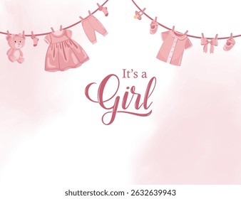 Cute pink background for baby girl announcement with flat baby clothes illustrations, ideal for baby shower cards, invitations or nursery decor