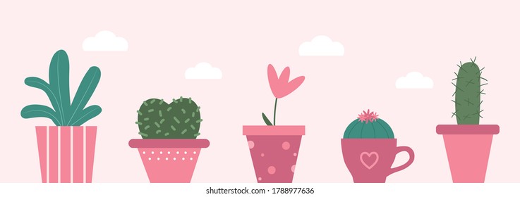 Cute pink background with cactus in a pot. Isolated plant clipart for stickers and scrapbooking