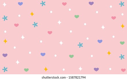 Cute pink background consisting of hearts, stars, flare.