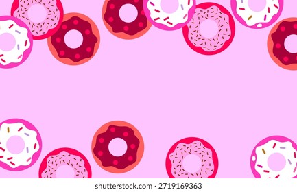 Lindo fondo rosa con rosquillas. Donuts de comida dulce. Ilustración vectorial. Diseño rosa