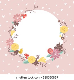 Cute pink background with empty place for your text. Greeting card with birds and floral elements.