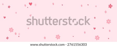 Cute pink background with hearts flowers and doodle elements in kawaii style