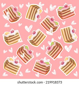 Cute pink background with pieces of cakes and hand-drawn hearts. Vector. For bakery or candy-shop decoration, for dessert menu page template, for craft paper, as web page background design.