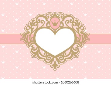 Cute Pink Background With Polka Dots And Crown. Luxury Gold Photo Frame In The Shape Of A Heart. Princess Royal Invitation Card ( Birthday, Wedding, Baby Shower) Vector Picture Border. Vintage Mirror