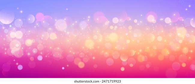 Fondo rosa lindo con estrellas y bokeh. Cielo unicornio con textura brillante. Fondo de pantalla de Vector de ensueño con destellos de hadas. Espacio abstracto holográfico lila gradiente de impresión