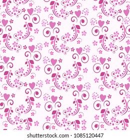 Cute pink background with swirl and scroll ornate elements. Seamless pattern with hearts and flowers vector.