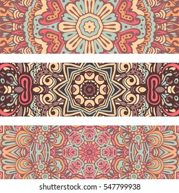 cute pink background with vintage floral doodle ethnic pattern. set of banner