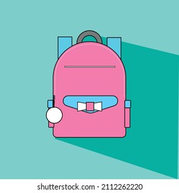 Cute pink backpack for school girl vector illustration on the tosca background
