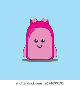 Mochila rosa linda con cara sonriente sobre fondo azul claro