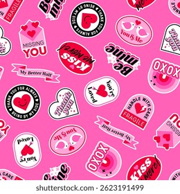Cute pink badges love concept seamless pattern design for valentine’s day.