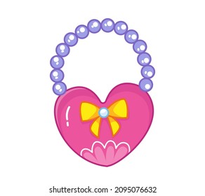A cute pink bag in the shape of a heart, decorated with pearls and a bow. Vector illustration of a girl's accessory in a cartoon children's style. Isolated clipart. Colored art with an outline