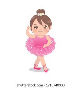 Cute pink ballerina girl dancing with tutu glitter dress. Flat vector isolated.