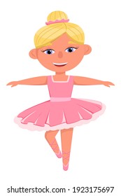 Cute Pink ballerina girl isolated on white. Ballerina in a pink dress, blonde with blue eyes. Bun hairstyle