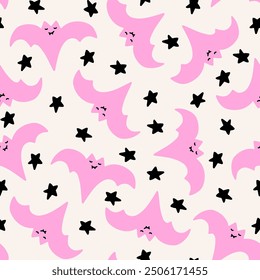 Cute pink bats and black stars on white background seamless repeat pattern. Halloween holiday cartoon style design for paper, fabric, wallpaper, stationery design.