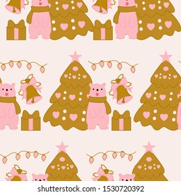 Cute pink bear and christmas tree in a seamless pattern design, perfect to use on the web or in print