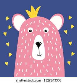 Cute pink bear with a crown on her head, hand-drawn, vector illustration in cartoon style for design of t-shirts, greeting cards, greetings and other design purposes.