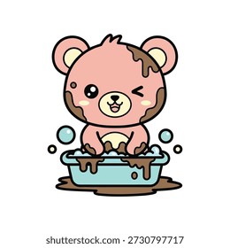 Cubo de oso rosa lindo sentado en una bañera azul con burbujas y salpicaduras de suciedad marrón