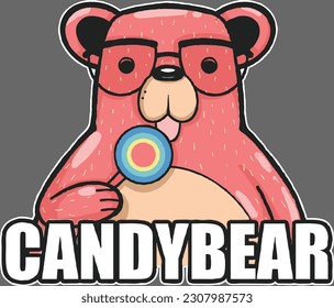 cute pink bear eating candy rainbow illustration logo