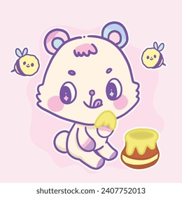 Cute pink bear eats honey with little bees.