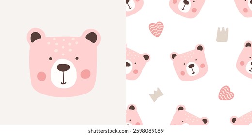 Cute pink bear face and seamless pattern with bear heads, hearts, and crowns. Vector illustration